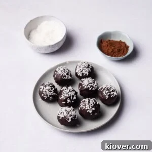 Delectable vegan chocolate coconut balls served elegantly on a plate.