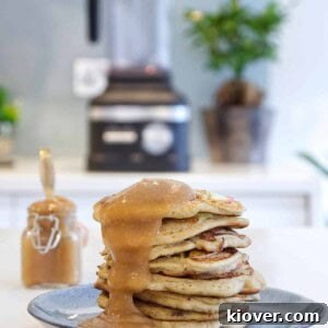Autumn Applesauce Pancakes front + sauce
