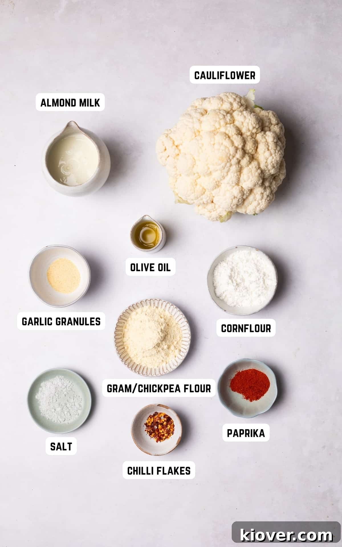 Crispy Air Fried Cauliflower 3 Ingredients laid out for Air Fryer Cauliflower preparation.