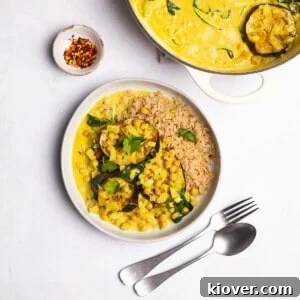 aubergine curry served with rice.