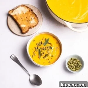 A bowl of creamy butternut squash soup, garnished with pumpkin seeds and fresh herbs, served with a slice of toast.
