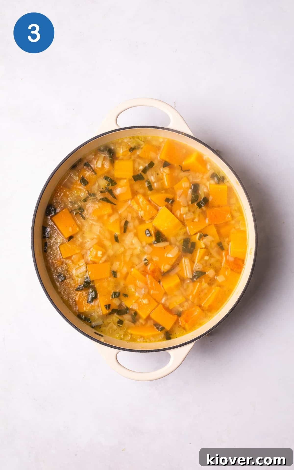 Autumn Squash Comfort 6 Cubed butternut squash and vegetable stock simmering in a pot with sautéed aromatics.