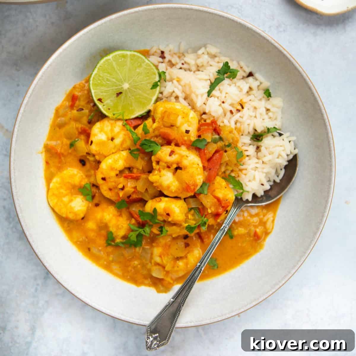 prawn curry served with rice.