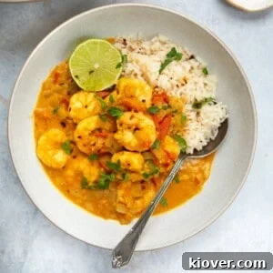 prawn curry served with rice.