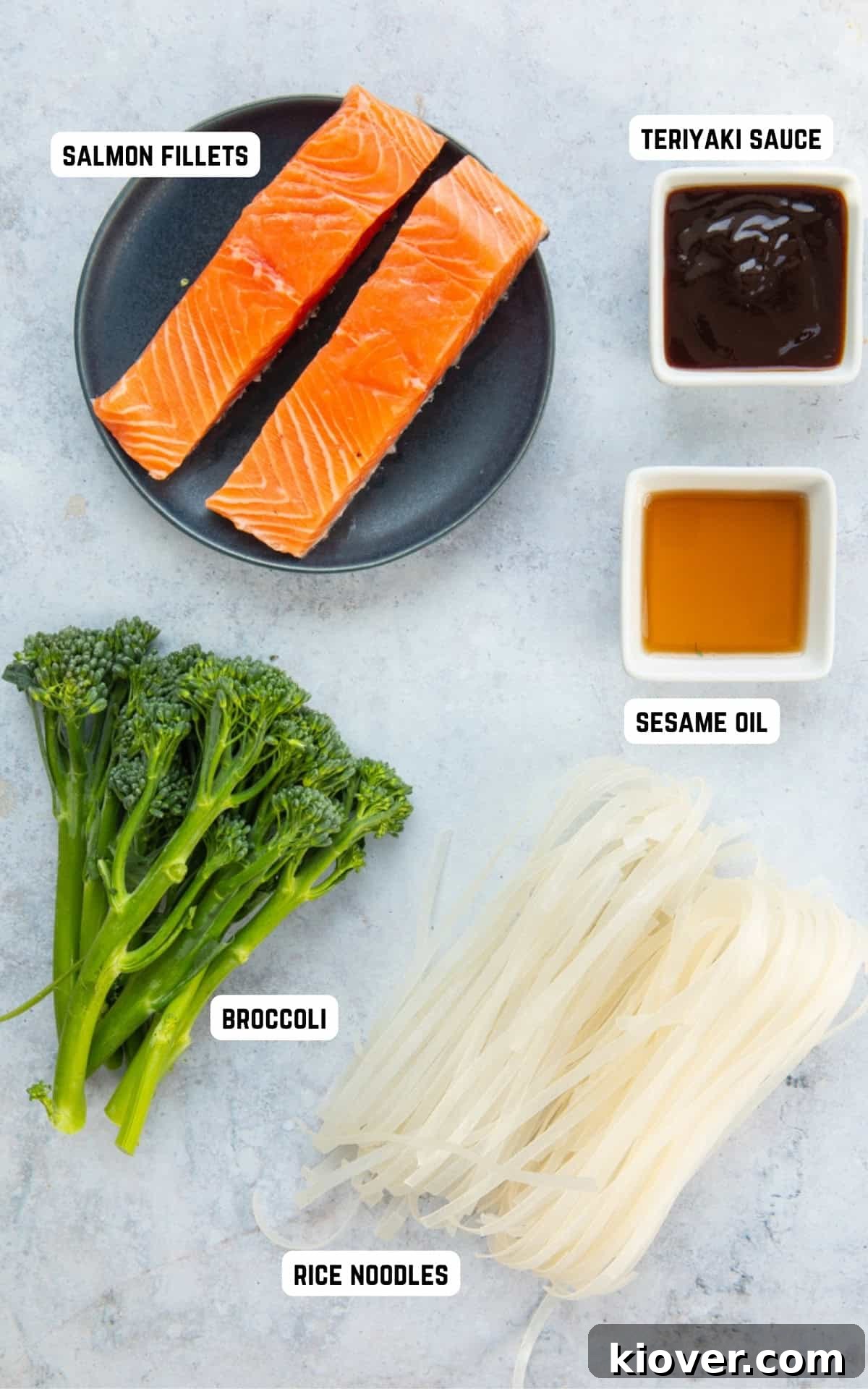 Ingredients laid out for making Salmon Noodles.