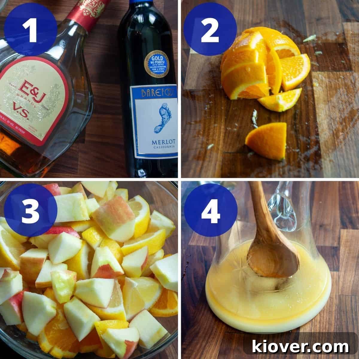 Red Sangria Process Process of making red Sangria: chopping fruit, adding to a pitcher with wine, brandy, and sugar, and stirring.