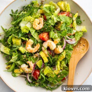 Prawn salad with avocado served in a bowl.