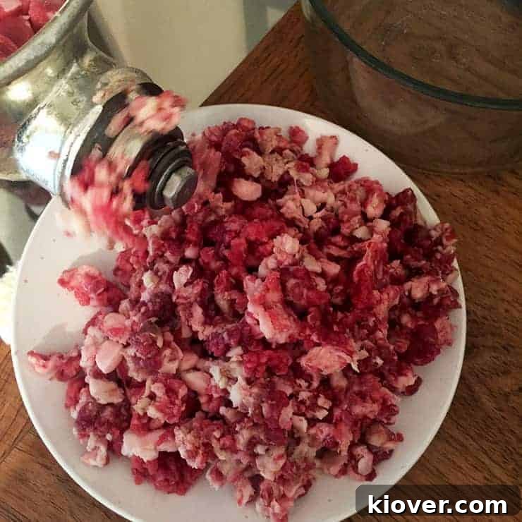 Freshly ground sirloin and short rib blend, a perfect coarse texture ready for forming into gourmet burger patties.