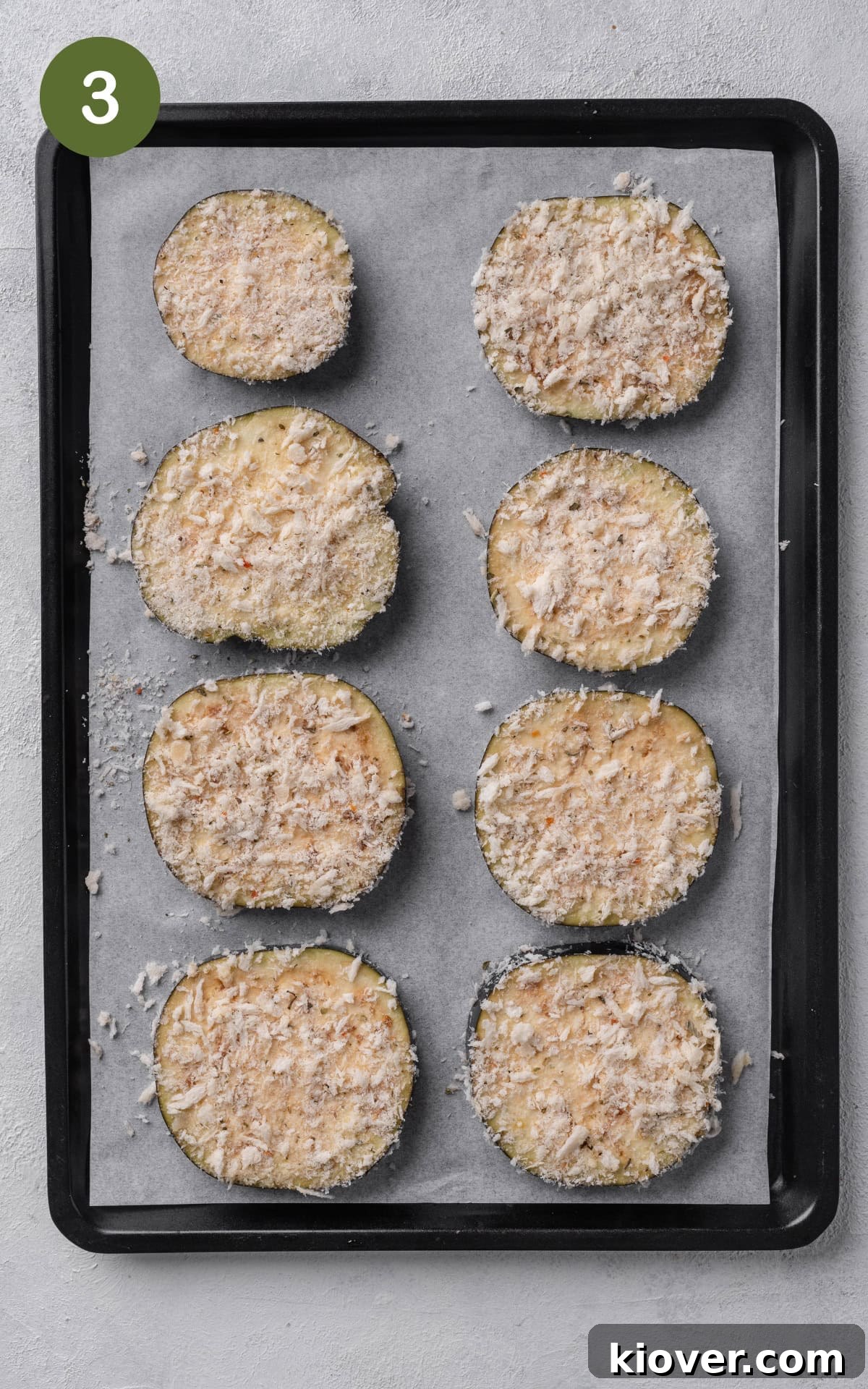Italian Eggplant Comfort Bake 6 eight aubergine slices on a baking tray.