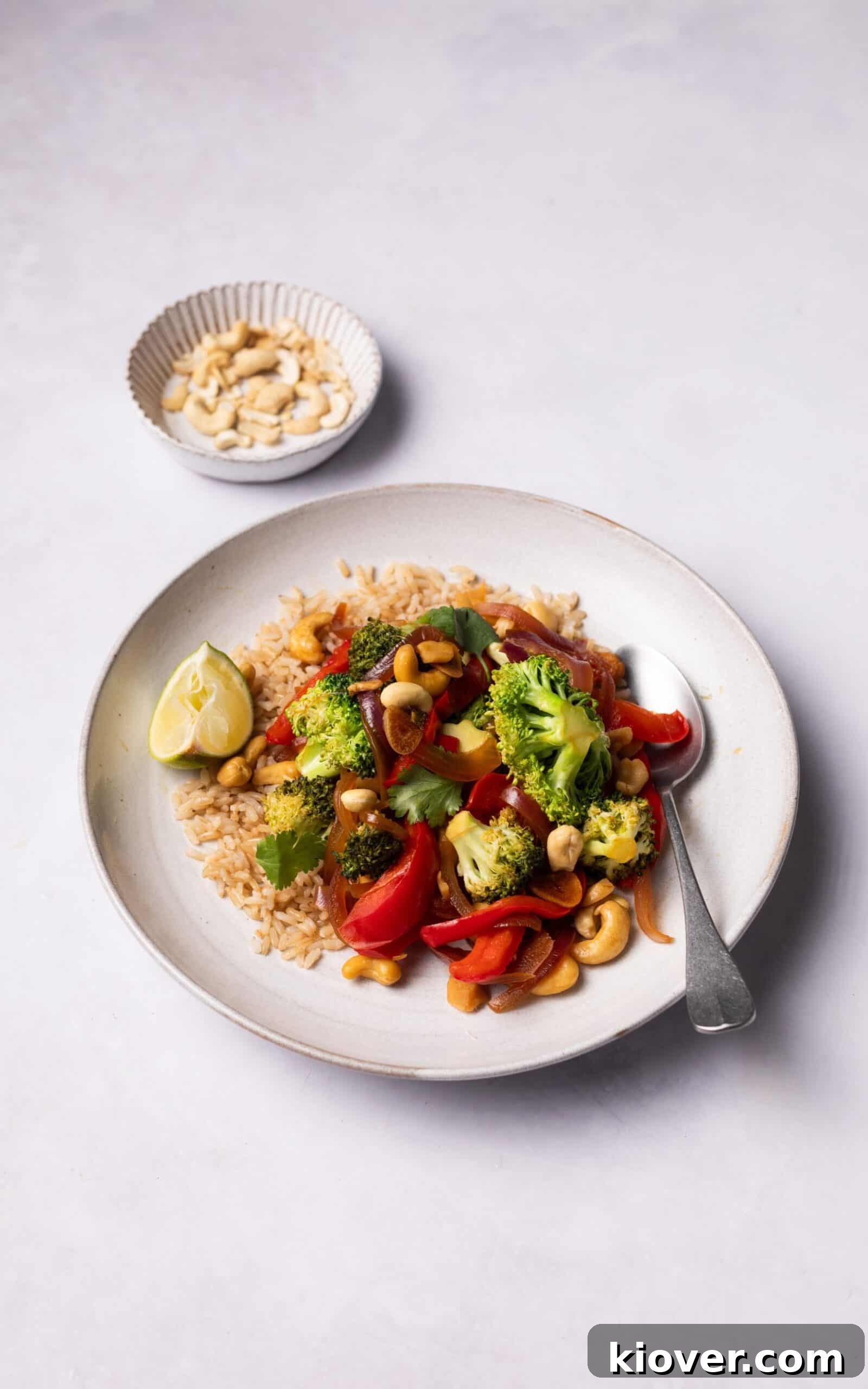 A close-up of a vibrant gluten-free and vegan broccoli stir fry, showcasing its rich colors and textures.