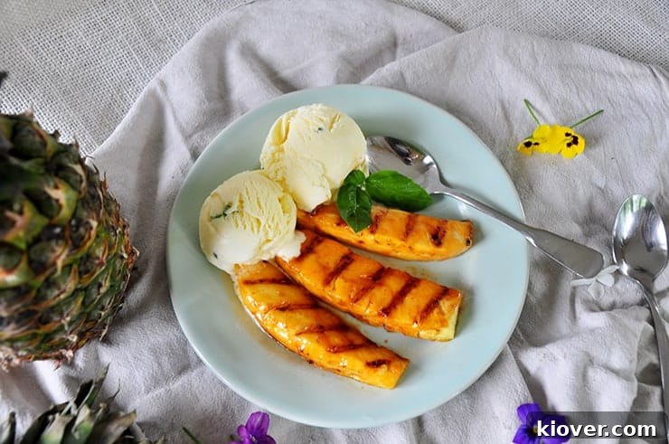 completed sriracha honey grilled pineapple with a basil ice cream