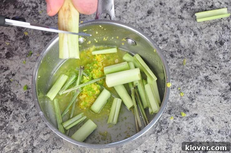 Processing fresh lemongrass for the tonic syrup recipe