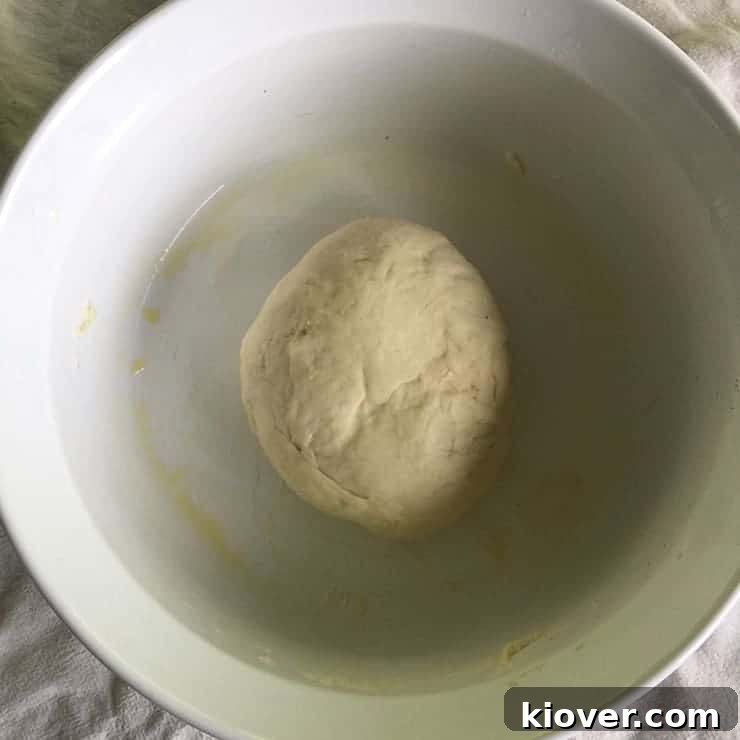 Dough Ball A perfectly proofed ball of pizza dough in a white bowl, ready for stretching.