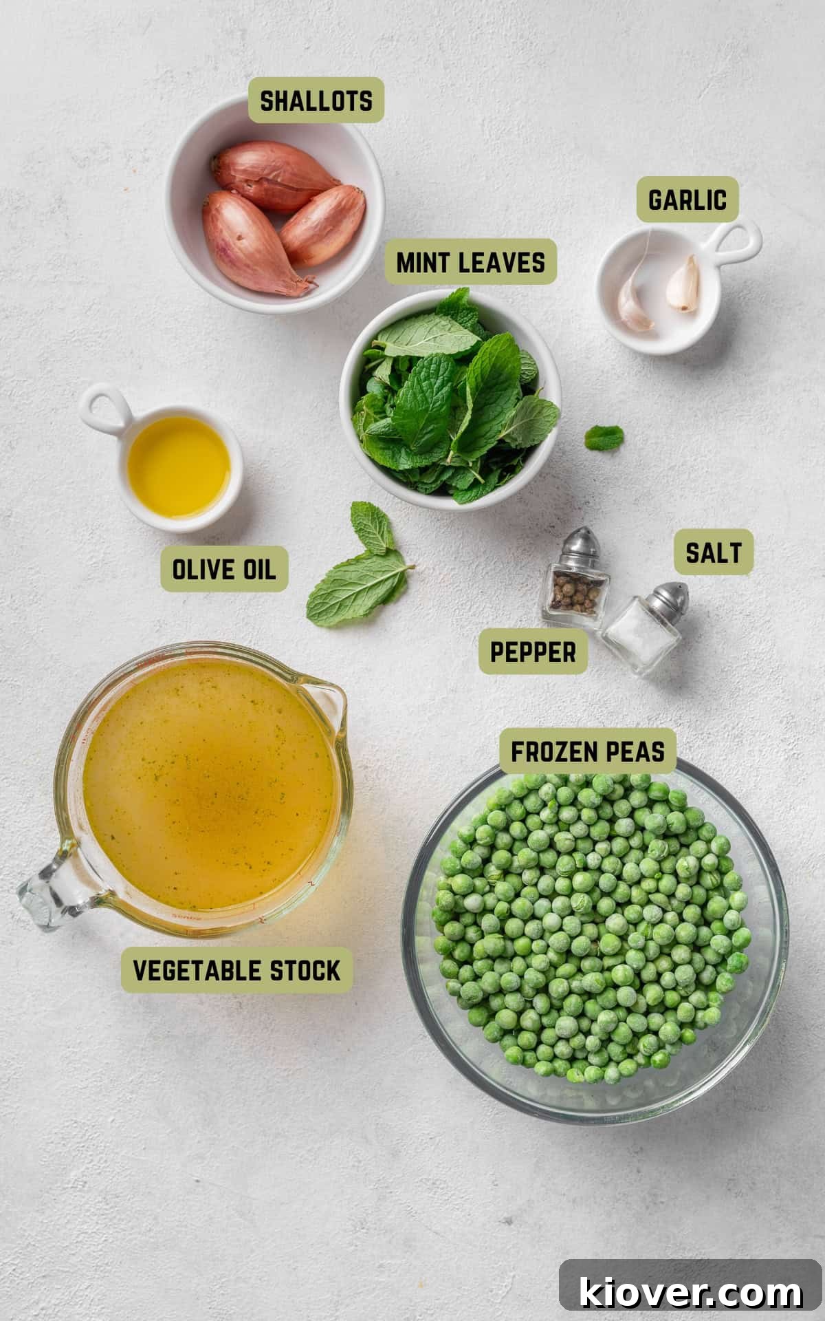 Silky Minted Pea Soup 3 A collection of fresh ingredients laid out, including shallots, garlic, frozen peas, and fresh mint leaves, ready for making Pea and Mint Soup.