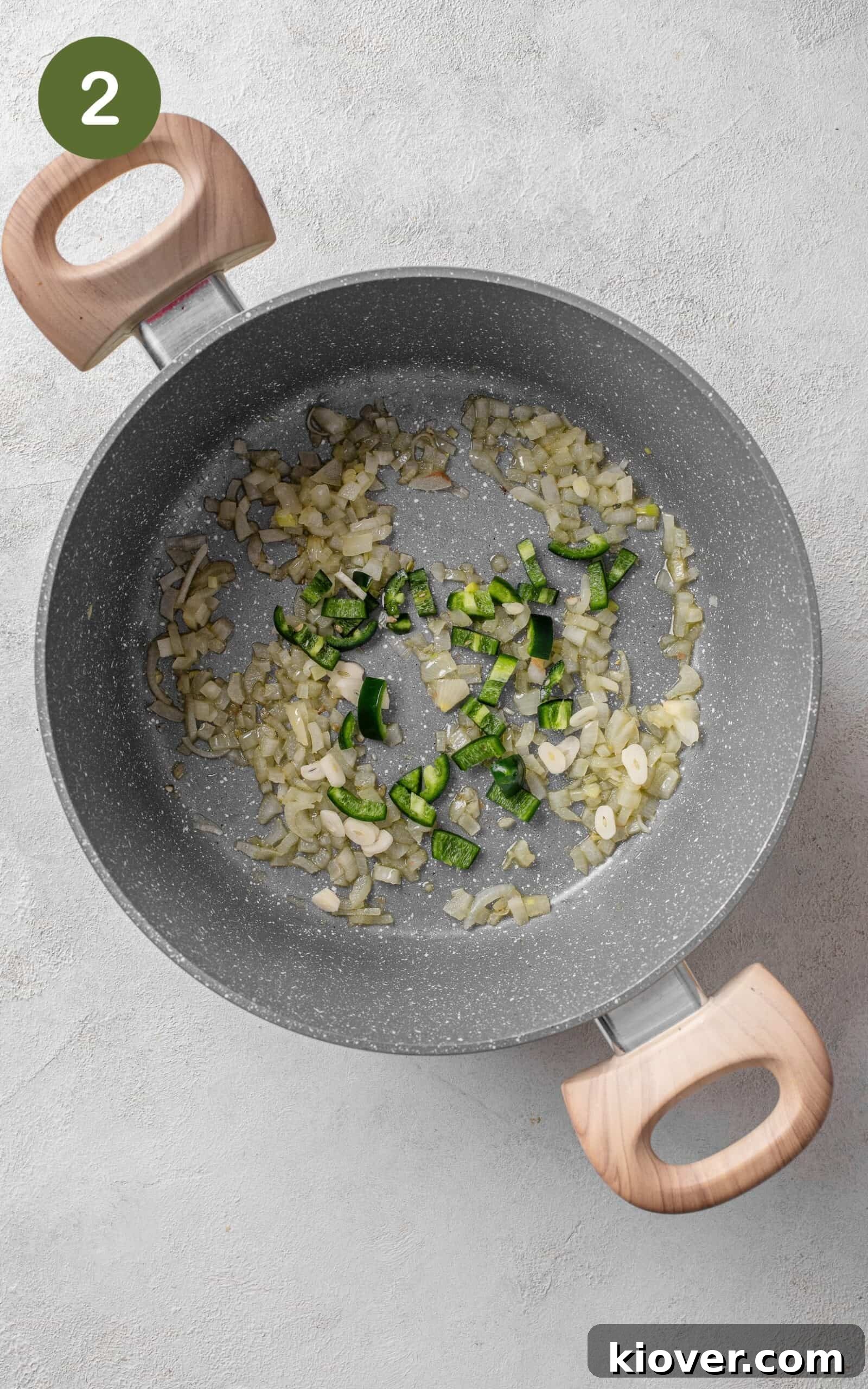 Vibrant Fiesta Soup 5 Sautéing onions, garlic, and jalapenos in olive oil in a saucepot over medium-high heat.