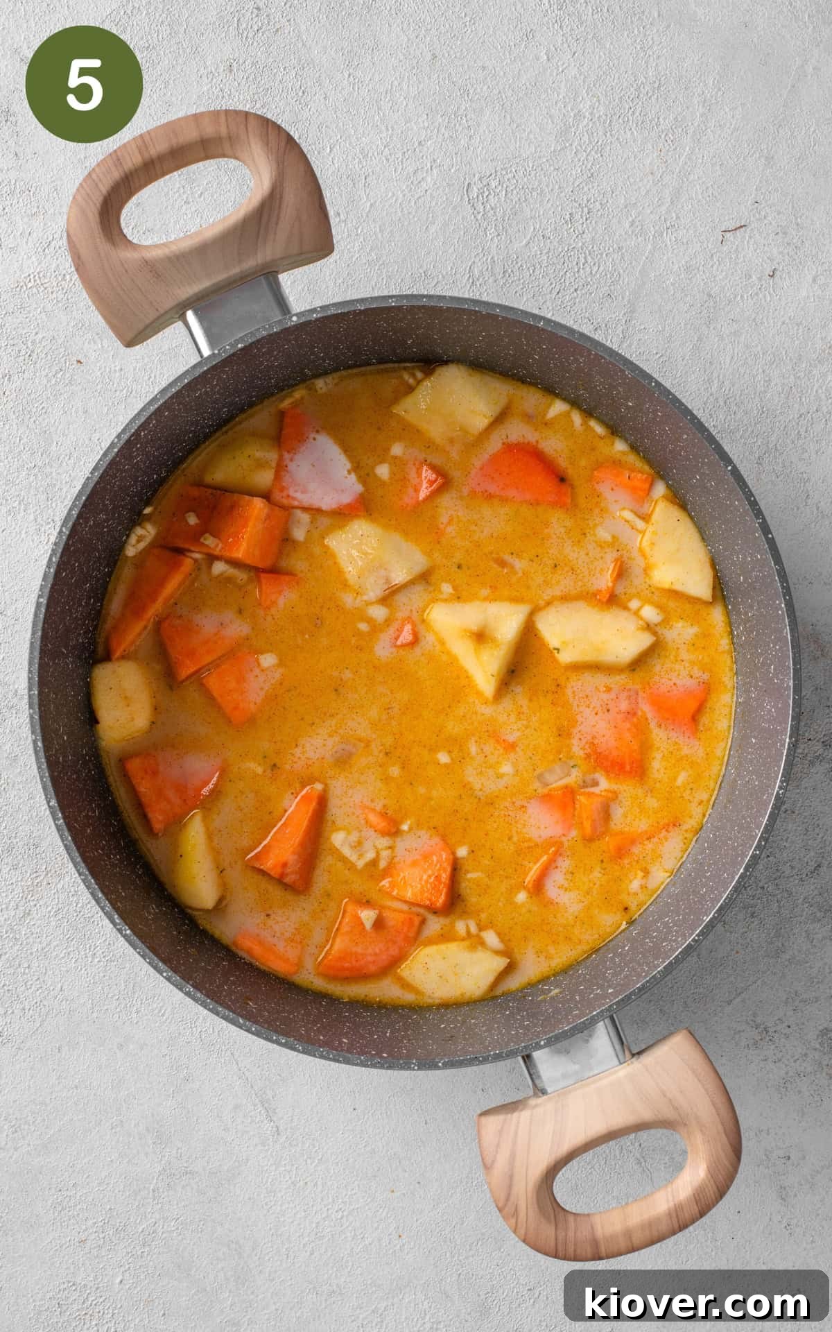 Spiced Sweet Potato Warmth 8 Vegetable broth and soy cream stirred into the sweet potato mixture in the sauce pot, ready to simmer.