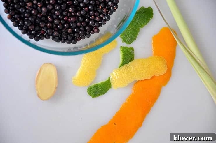Juniper Berries, lemon, lime, and lemongrass.