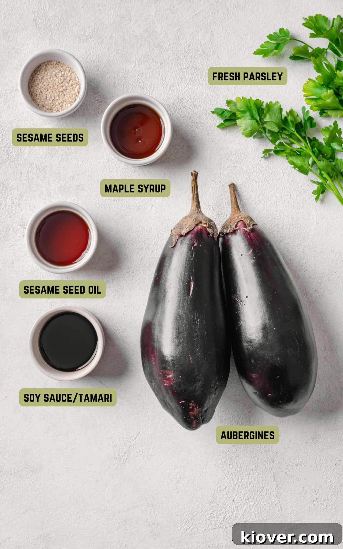 Ingredients to make Roasted Aubergine: aubergines, soy sauce, maple syrup, sesame seed oil, sesame seeds, and parsley.