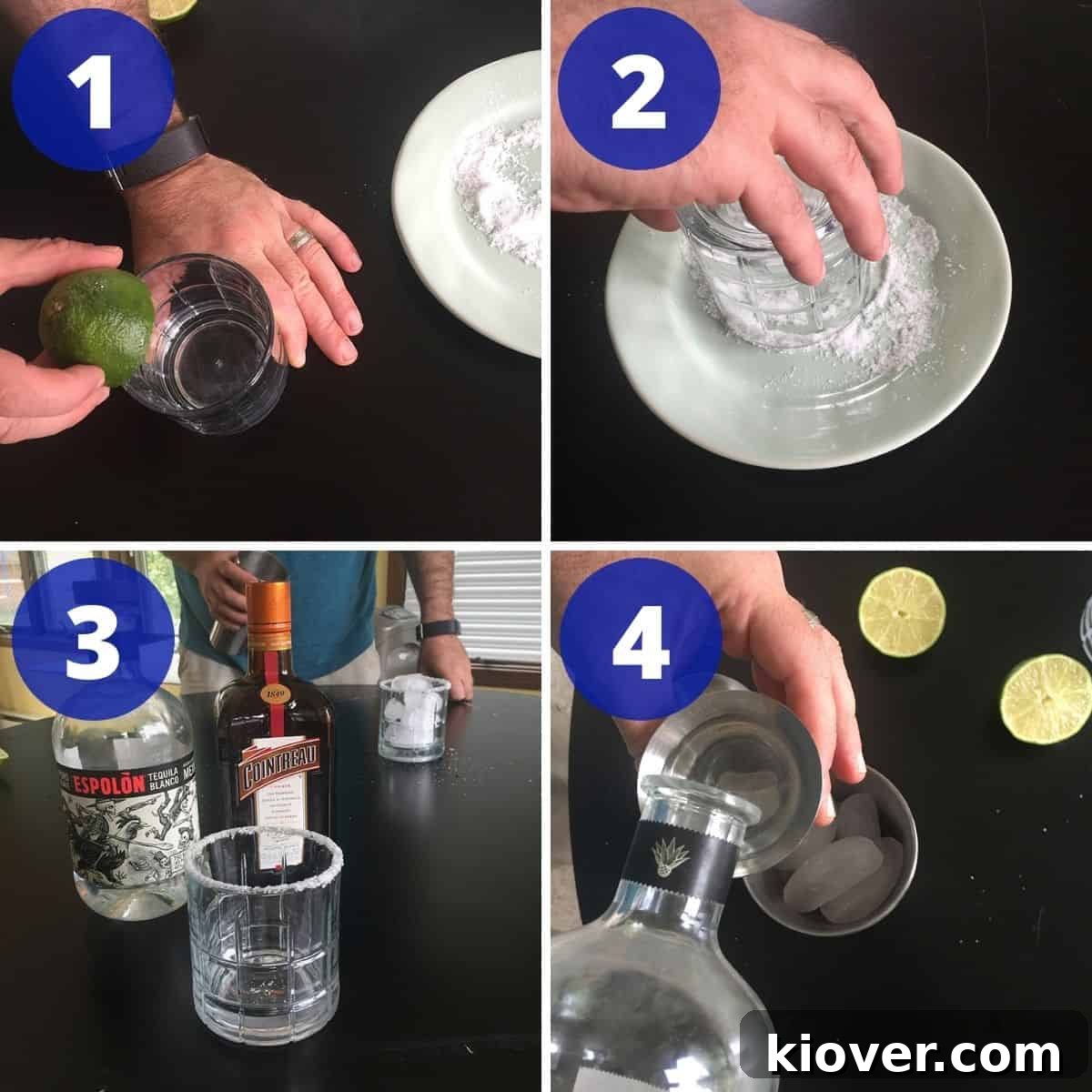 Mixing a margarita in four steps, salting rim, and pouring ingredients.