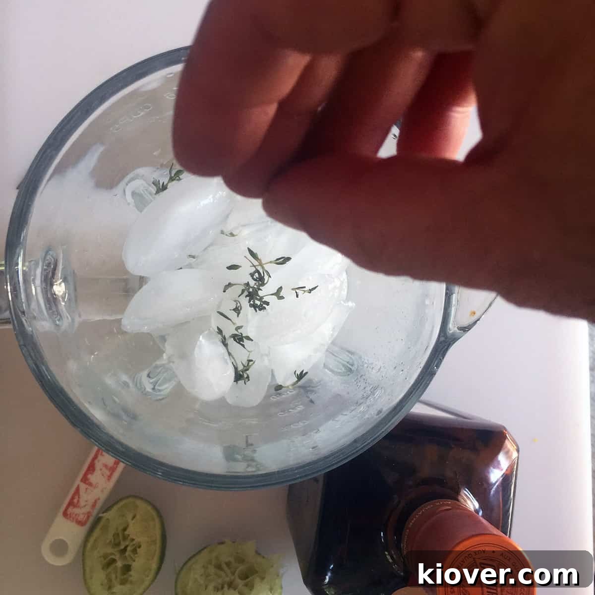 Add Fresh Thyme Adding fresh thyme leaves to the blender with other margarita ingredients.
