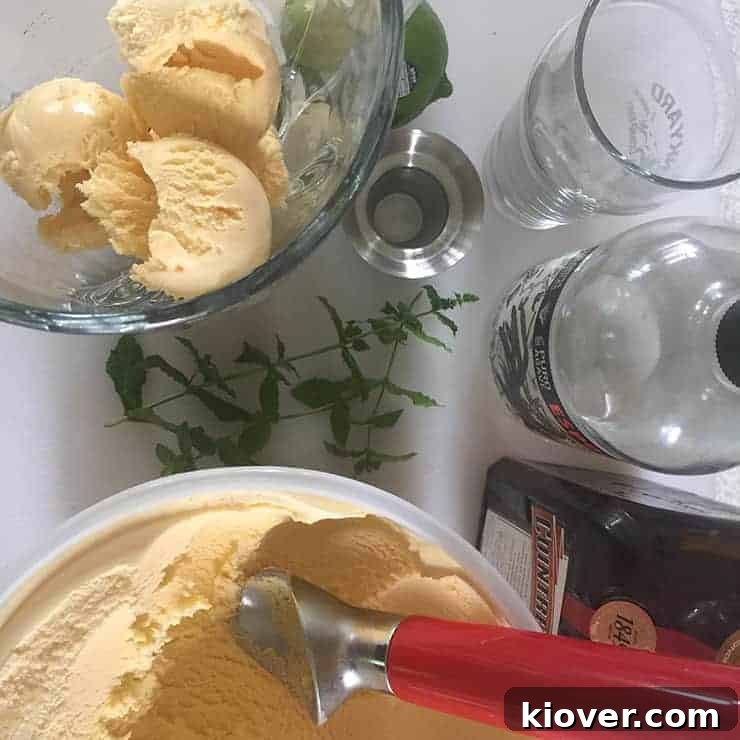 Scooping Ice Cream and putting in blender for mojitarita. A hand is holding an ice cream scoop filled with vanilla ice cream, about to add it to a blender with other ingredients.