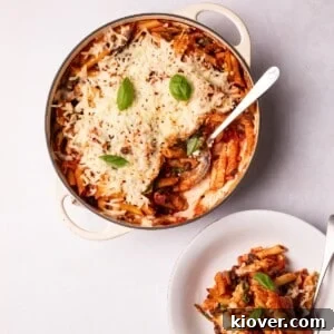 Vegan Pasta Bake served in a dish and on a plate.