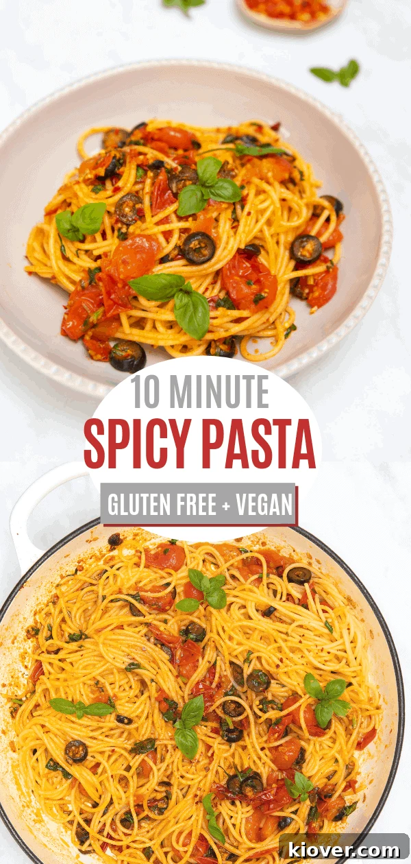 Instant Inferno Pasta 6 Pinterest optimized image for 10 Minute Spicy Pasta, featuring a tall, appealing shot of the dish.