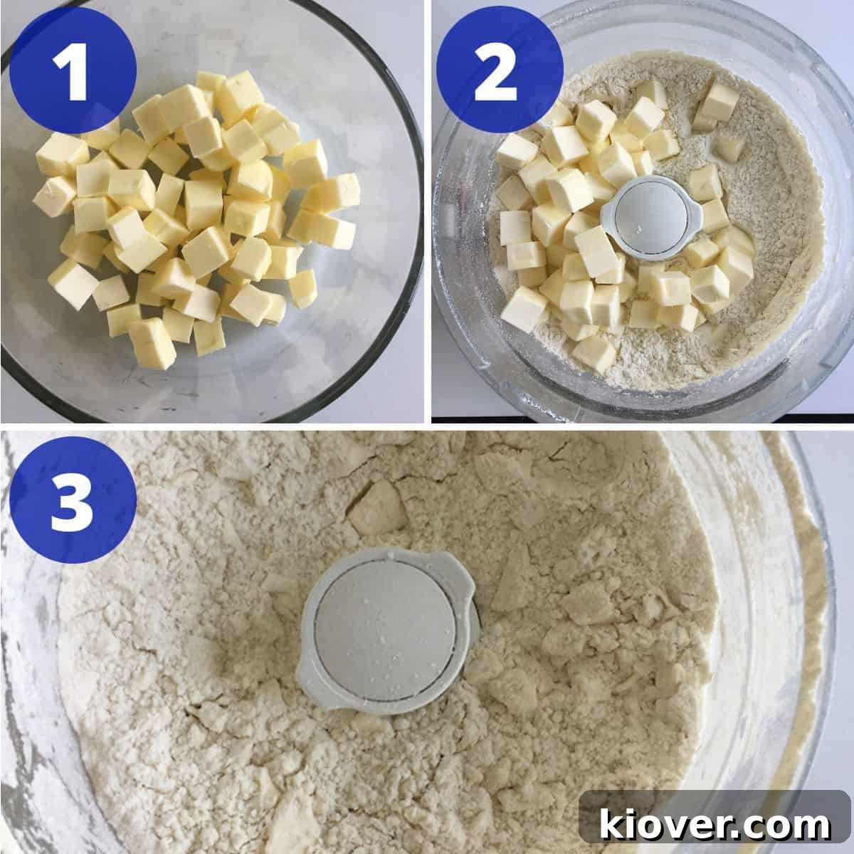 Process for mixing butter pie crust in Food Processor.