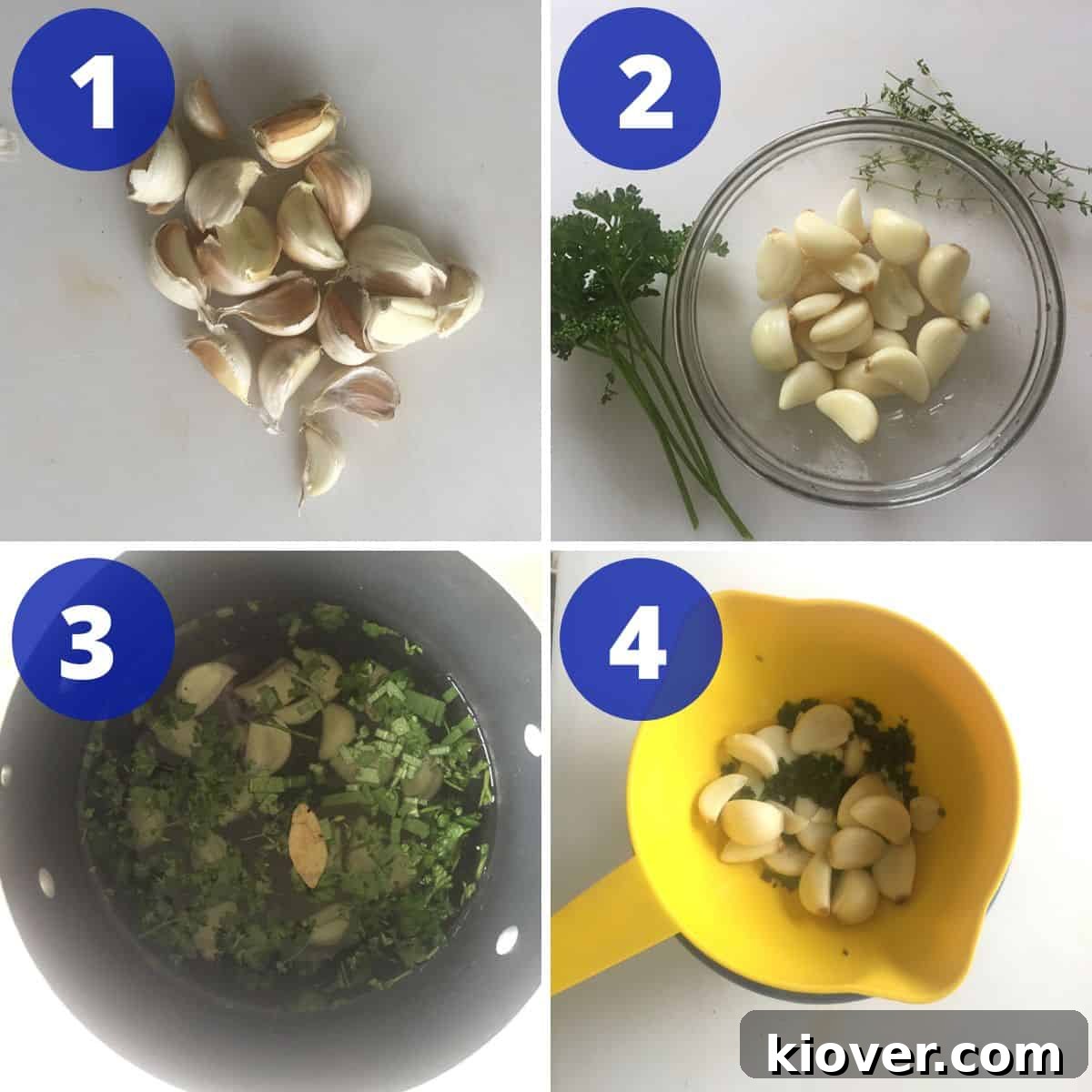 A visual step-by-step guide showing the preparation of garlic soup: blanching garlic, simmering herbs, and combining the broth with a creamy base.