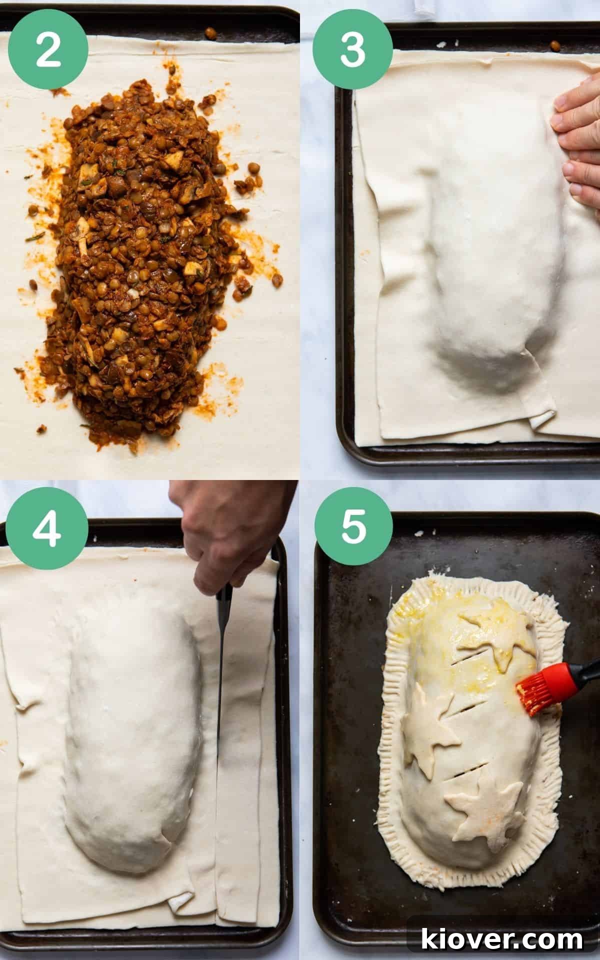 Effortless Lentil Wellington 5 instructional step by step images of how to place the filling in a puff pastry, wrap it, and prepare it for baking
