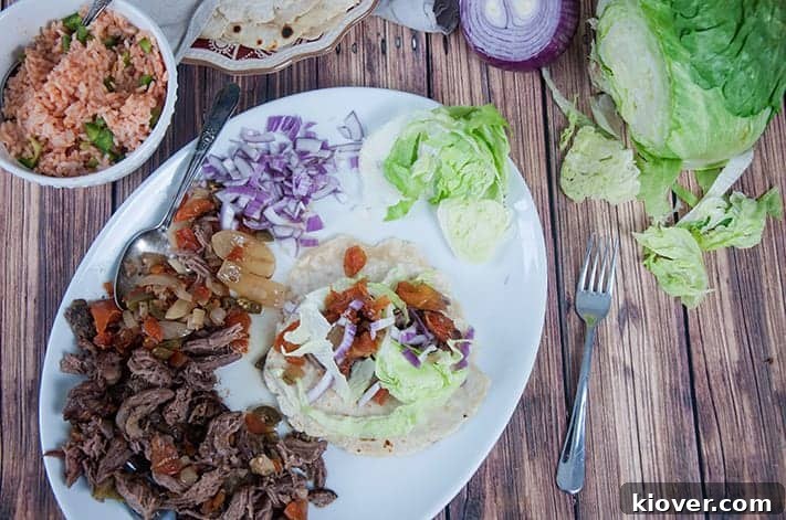 A close-up, overhead shot of a mound of rich, dark shredded beef, glistening with juices, invitingly presented on a rustic background.