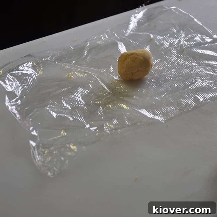 A tortilla shell on our large cutting board and a sheet of plastic wrap.