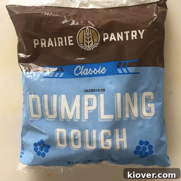 A bag of Prairie Pantry Dumpling Dough, showcasing the convenience of frozen dumplings for this recipe.