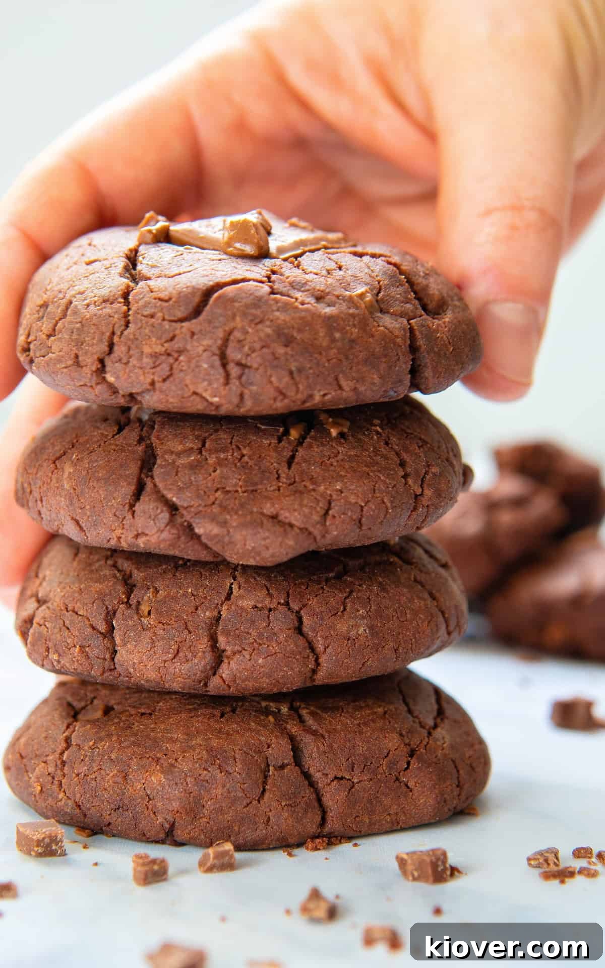 Decadent Gluten-Free Chocolate Treats 8 A hand presenting a single, delicious gluten-free chocolate cookie, highlighting its rich texture and chocolate chunks.