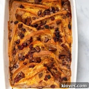 Top view of the baked Free-From Banana Bread & Butter Pudding, golden and inviting