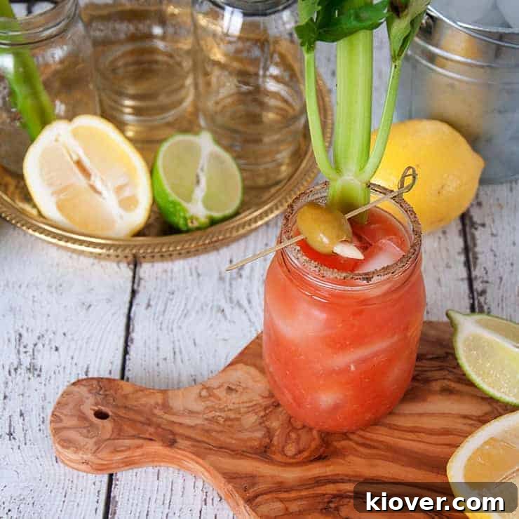 Bloody Caesar cocktail on a cutting board with various fruits and sides that go along with it