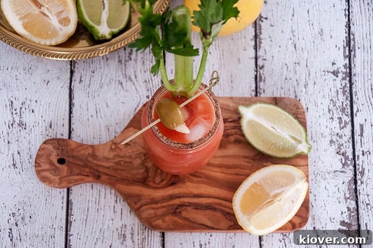 Overhead image of a Bloody Caesar cocktail with lemon, lime, olive, and celery in the background