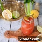 Bloody Caesar cocktail on a cutting board with various fruits and sides that go along with it