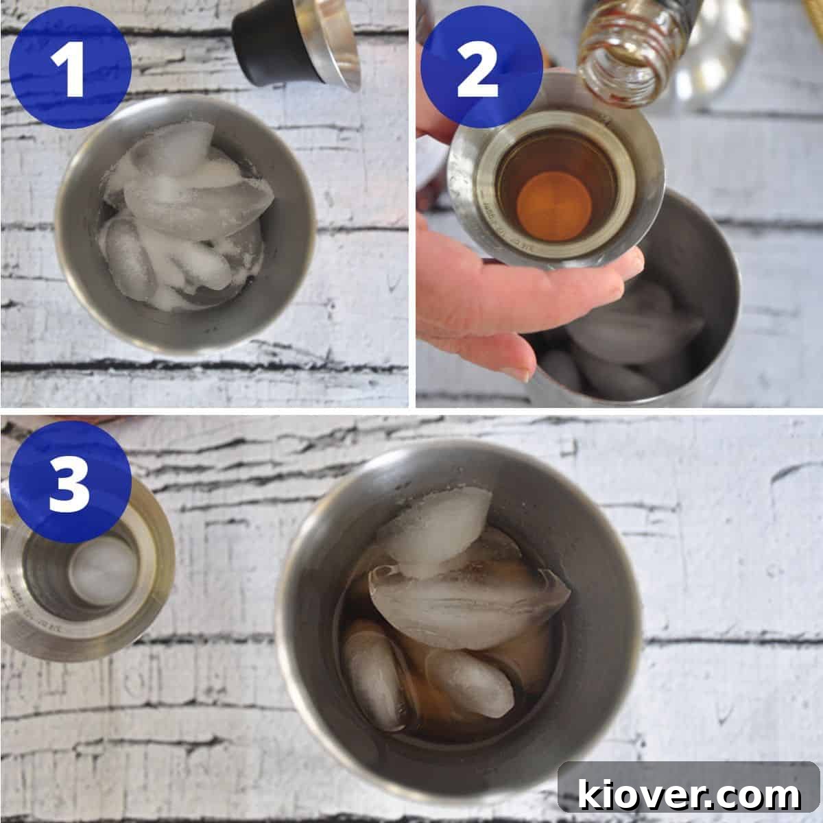 Process for making milk punch, showing ingredients being added to a shaker