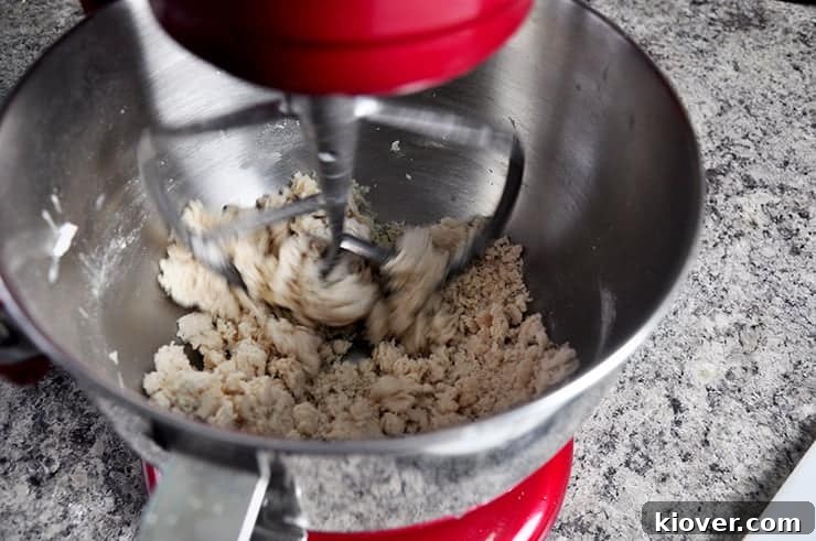 Flour tortilla dough being mixed in a KitchenAid mixer, showing the initial stages of preparation.