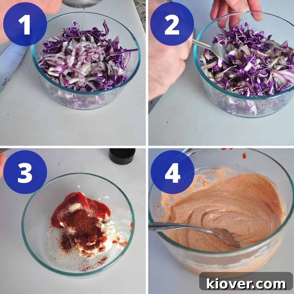 Preparing the cabbage slaw and Sriracha Baja sauce ingredients.