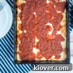 Overhead picture of a full pan of Detroit Style Pizza