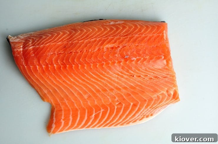 View of raw salmon fillet.