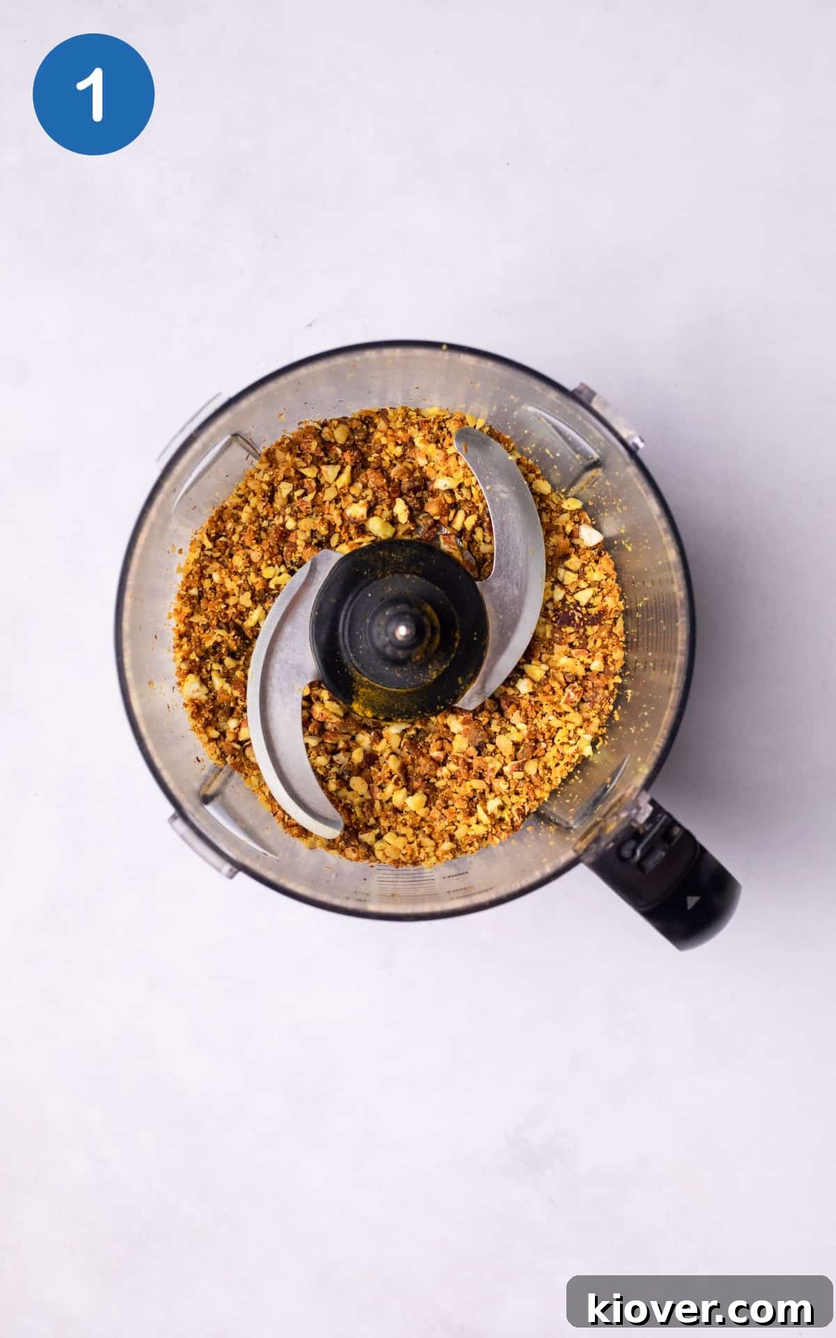 Fuel Bites 4 All ingredients except water are blended in a food processor, creating a coarse crumb mixture for healthy energy balls.