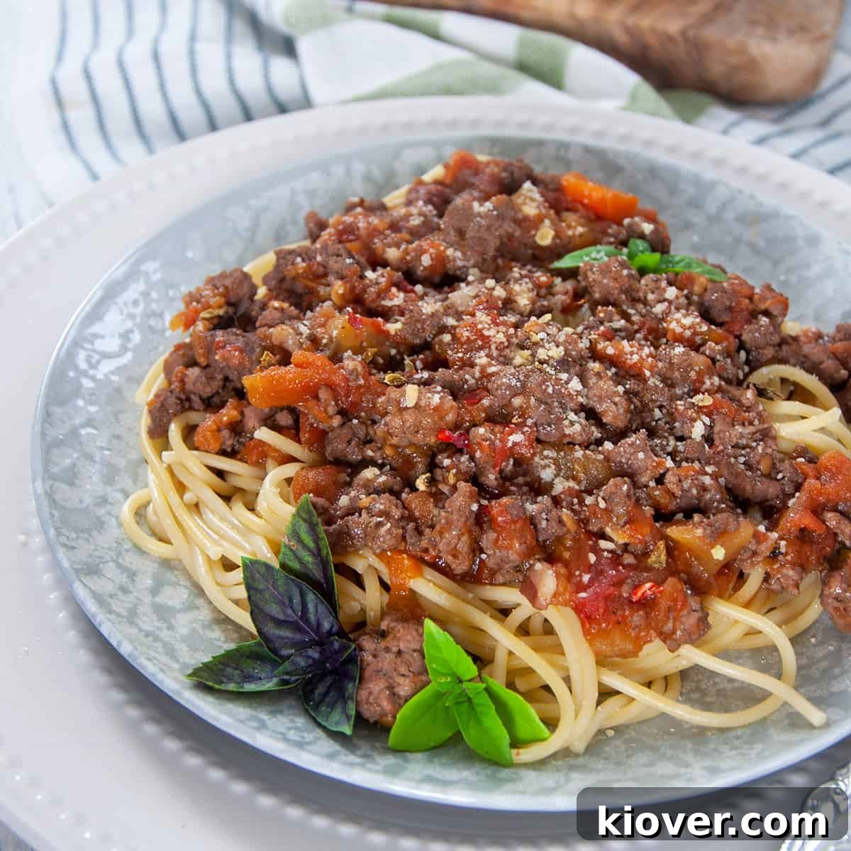 Spaghetti and Pasta Sauce on a plate with some fresh basil.