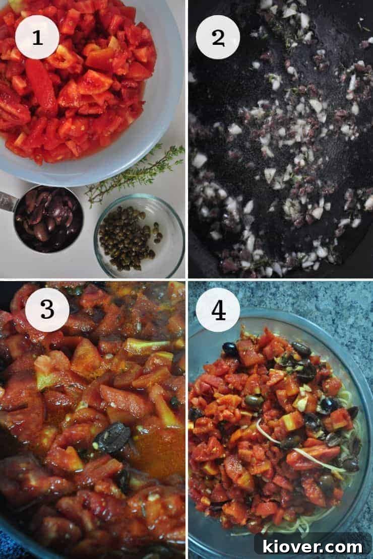 Puttanesca Sauce with Linguine process shots showing ingredients, frying, simmering, and tossing.