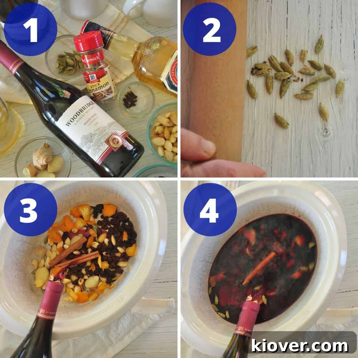 Glogg Preparation Process Step-by-step process of making Glogg in a slow cooker, showing ingredients being added and simmering.