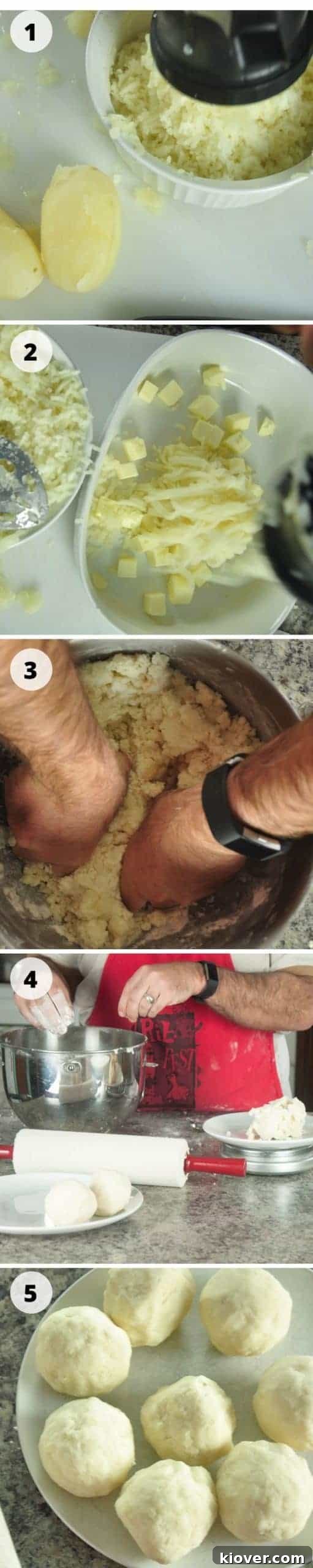 Step-by-step images of lefse preparation, including ricing potatoes and mixing dough.
