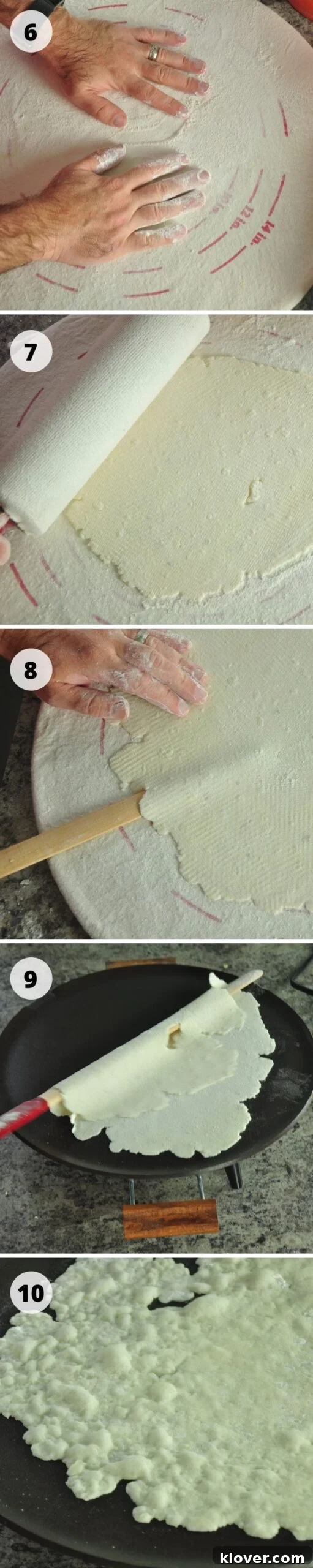 Images showing how to roll out and grill lefse dough.