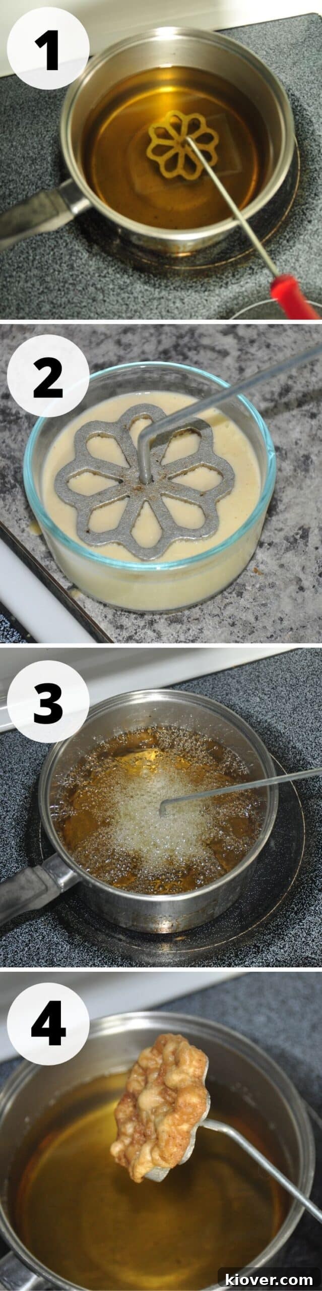 Rosette Process Shots A four-panel image illustrating the stages of making Rosette Cookies: preheating the iron in oil, dipping the hot iron into the batter, frying until golden brown, and finally removing the crispy cookie from the oil.
